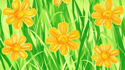 A seamless pattern of yellow flowers blooming in a field of green grass.