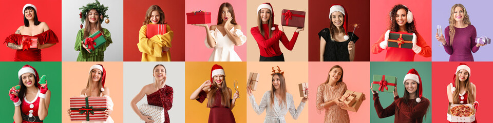 Sticker - Collage with beautiful women celebrating Christmas and New Year on color background