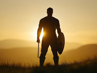 Wall Mural - A determined Celtic warrior, holding a sword and shield, standing on a hilltop with the sun setting behind him, ready to defend his territory. Celtic warrior on a hilltop.


