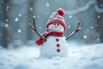 Cheerful snowman with red hat and scarf in snowy winter scene