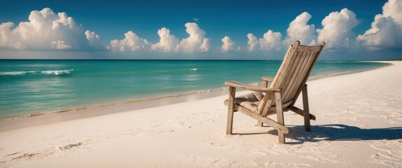 Canvas Print - Serene beach scene featuring an empty wooden chair overlooking tranquil waters and fluffy clouds, ideal for promoting relaxation and escape.