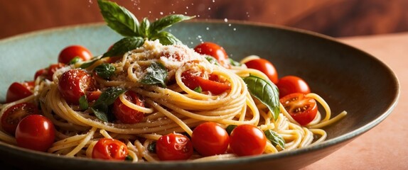 Vibrant plate featuring fresh pasta topped with cherry tomatoes and basil. Ideal for Italian cuisine, cooking events, and food photography.