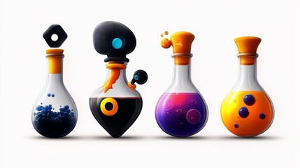 Magical Potions: A whimsical quartet of glass bottles filled with vibrant, swirling liquids, ready to unlock a world of enchantment and imagination. Each bottle boasts a unique design.