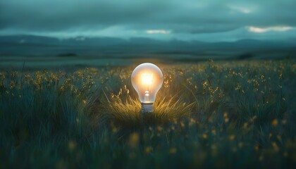 Wall Mural - Ethereal light bulb illuminating a misty field during twilight