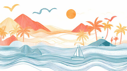 Wall Mural - One line drawing tropical oasis island seamless pattern. abstract landscape background with mountains, sea, coconut palm tree, yacht, birds continuous art. generative ai. Line Art. Illustration