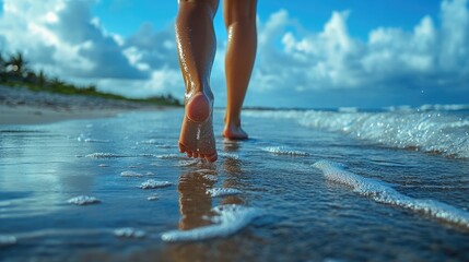 Bare feet walking on beach. This photo shows a person walking along the shore, with the water lapping up around their feet.