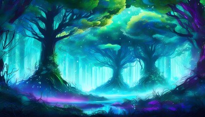 Enchanted forest illuminated by vibrant neon colors and magical trees in captivating digital artwork