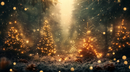 Magical forest with christmas trees and glowing lights
