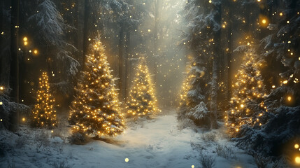 Magical forest with christmas trees and glowing lights
