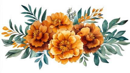 Wall Mural - Watercolor painting of a bouquet of orange flowers with green leaves on a white background.