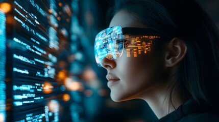 Side profile of young female IT specialist with augmented reality glasses, interacting with holographic code and AI symbols. Double exposure, dark background, glowing data streams, copy space