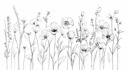 Wall Mural - Set of botanic outline wildflowers and leaves. hand drawn floral abstract pencil sketch field flowers, branch isolated on white background line art illustration. Line Art. Illustration