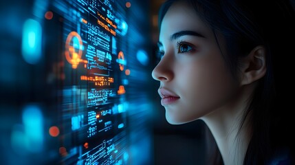 IT student analyzing data in augmented reality, glowing code overlay and digital interface in her line of sight. Double exposure, soft neon blue, futuristic AI tech concept, side profile