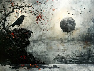 Sticker - Black and White Landscape with a Moon and a Bird