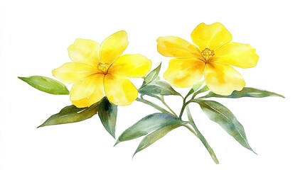 Wall Mural - watercolor painting of two yellow flowers with green leaves on a white background.