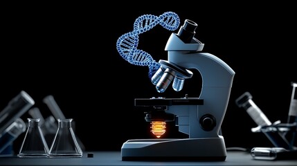 Unraveling the Code: A microscope stands tall against a dark backdrop, illuminated by a glowing DNA helix, symbolizing the power of scientific discovery.