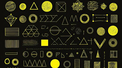 A black background with yellow geometric shapes and patterns.