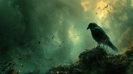 Sticker - Crow in a Misty Forest: A Dark and Enchanting Scene