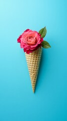 Wall Mural - Rose flower in ice cream cone on blue background