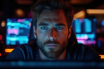 focused software developer immersed in coding at a computer illustrating cyber security efforts in a