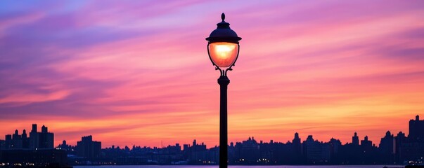 City skyline at sunset with street lamp silhouette, serene evening concept