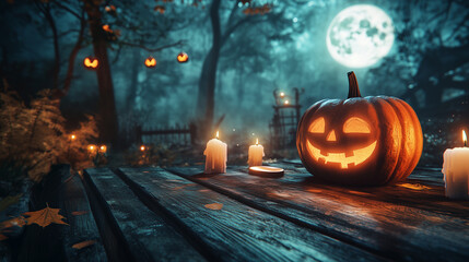 Wall Mural - Halloween pumpkin head jack lantern with burning candles, Spooky Forest with a full moon and wooden table, Pumpkins In Graveyard In The Spooky Night - Halloween Backdrop. Ai Generative
