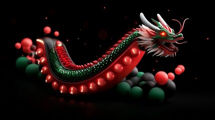 Crimson Dragon's Dance: A majestic, 3D-rendered Chinese dragon, scales shimmering, glides amidst swirling spheres of red and green, set against a dramatic black backdrop.  A vibrant symbol of power.