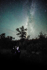 Wall Mural - Space with galaxy . Milky way on the blue sky .Dark and cold night at summer . Trees on the backgound with stars . Power lines in the night , powerstation and galaxy