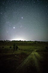 Wall Mural - Space with galaxy . Milky way on the blue sky .Dark and cold night at summer . Trees on the backgound with stars . Power lines in the night , powerstation and galaxy