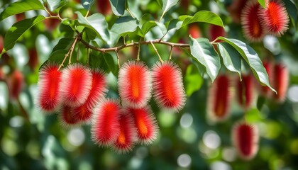 Wall Mural - Vibrant annatto seeds scattered on rich brown background