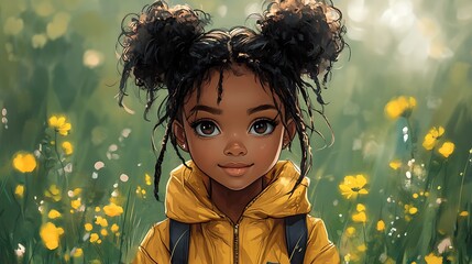 Sticker - Cute cartoon girl with afro puffs, yellow jacket, and green background