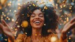 © Lorraine - African American businesswoman dancing joyfully at a disco party, gold confetti flying in the air, vibrant lights and upbeat energy in a fun background