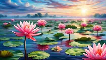 Wall Mural - delicate pink water lilies floating gracefully on a serene pond