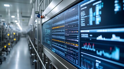 a vibrant digital dashboard in a modern factory, live feeds from ai-powered food quality systems, te