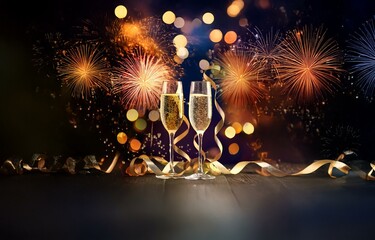 Two champagne flutes filled with golden bubbly sit on a wooden table with gold ribbon, set against a backdrop of fireworks and bokeh lights.