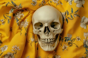 Wall Mural - Spooky human skull looking at camera with green eyes while being placed on fabrics with drawn flowers and yellow background - generative ai