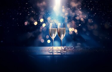 two champagne flutes sit on a dark blue surface with a bokeh background, a hint of sparkle.