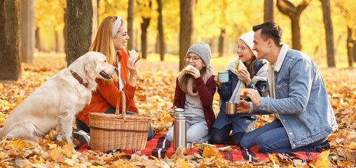 Sticker - Happy family having picnic in autumn park