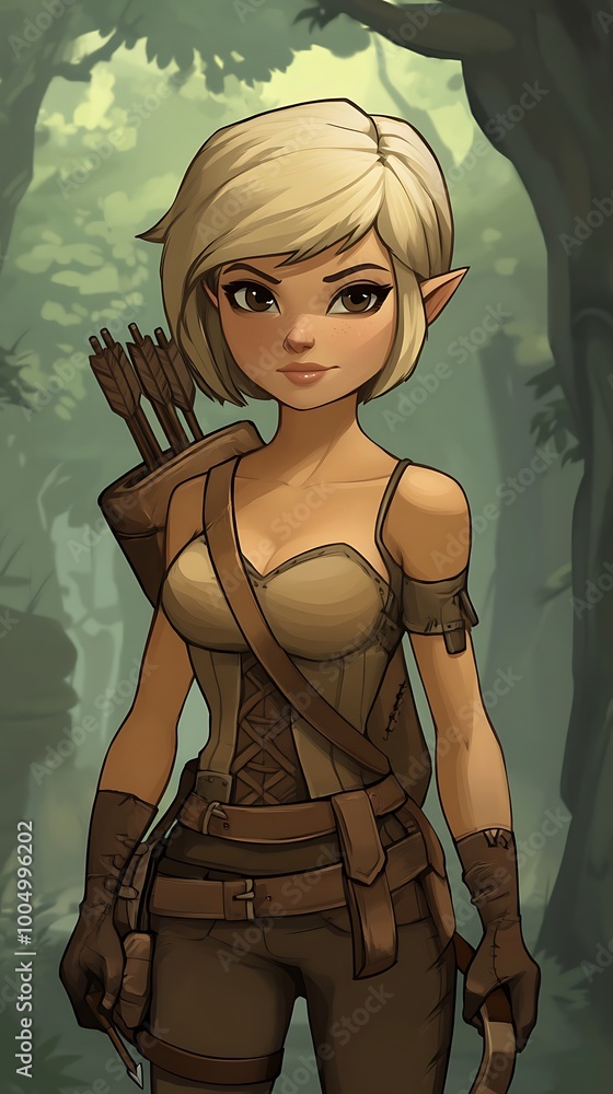 Fantasy elf warrior woman with blonde hair and bow and arrow in forest ...