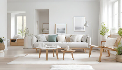 Snug Scandian living room design with white and wood harmony.