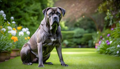 Wall Mural - Brindle Cane Corso sitting at an angle in a lush garden