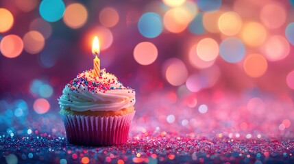 Sprinkled cupcake with a burning candle. Colorful lights at bokeh background with copy space. Sweet dessert for birthday