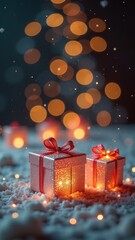 Beautiful Christmas Gift in the Snow, small glowing glass gifts on abstract festive background, vertical, copyspace