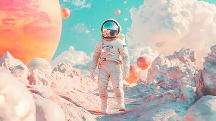 Wall Mural - Surreal collage of an astronaut traveling and walking through planets, alone, pastel colors, travel theme concept, generative ai illustration. Surreal Collage. Illustration