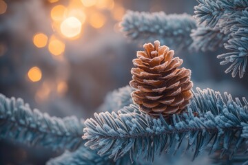 Sticker - Frosted Pine Cone on a Branch with Blurry Lights in Background