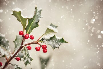 Sticker - A Sprig of Holly with Red Berries Covered in Snow