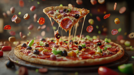 delicious gourmet pizza topped with pepperoni, olives, and colorful vegetables, showcasing mouthwatering cheese pull. vibrant toppings create appetizing visual feast