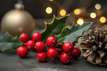 Poster - Close-up of Red Berries, Holly Leaves, a Pine Cone, and Out-of-Focus Christmas Ornament