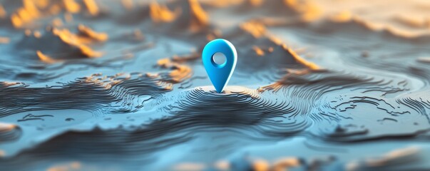 Poster - Blue location pin on abstract topographic map, modern navigation concept