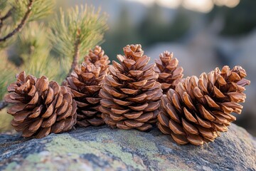 Canvas Print - A Group of Pine Cones Resting on a Rock